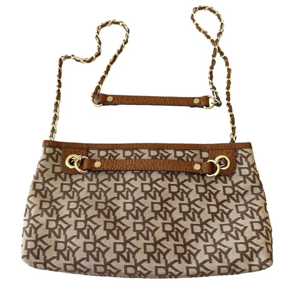 DKNY Brown Monogram Jacquard Logo Chain Strap Small Crossbody Shoulder Bag - Picture 2 of 16